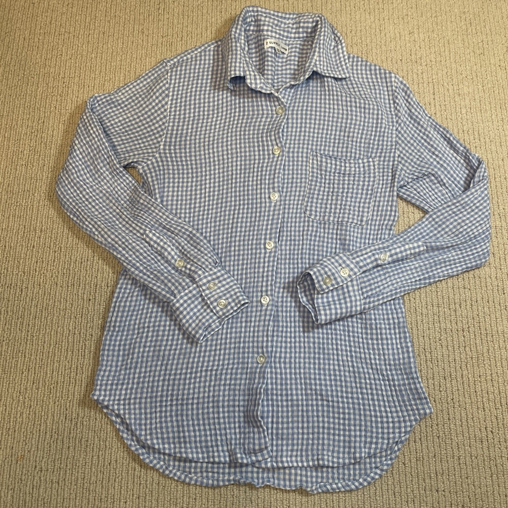 Z Supply Lounge Women's XS Button Down Shirt Gauze Long Sleeve Gingham Blue